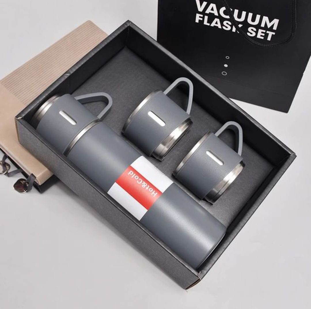 Premium Vacuum Flask Set – 500ml Stainless Steel Insulated Bottle with 3 Cups